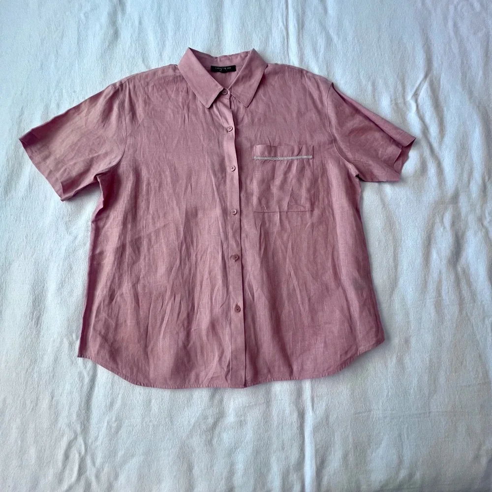 Lafayette 148 New York Pink 100% Linen Short Sleeve Button Down Shirt Women's L - Picture 5 of 9